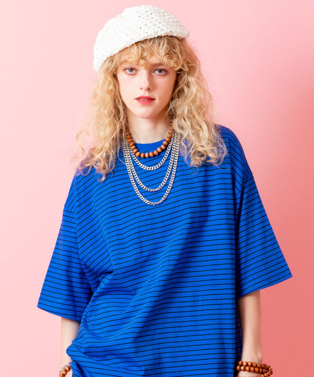 ピンボーダーコットンオーバーサイズTシャツ / 半袖 カットソー