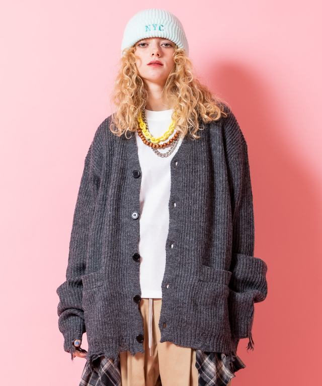 グランジダメージオーバーサイズファー混リブ編み肉厚ニット