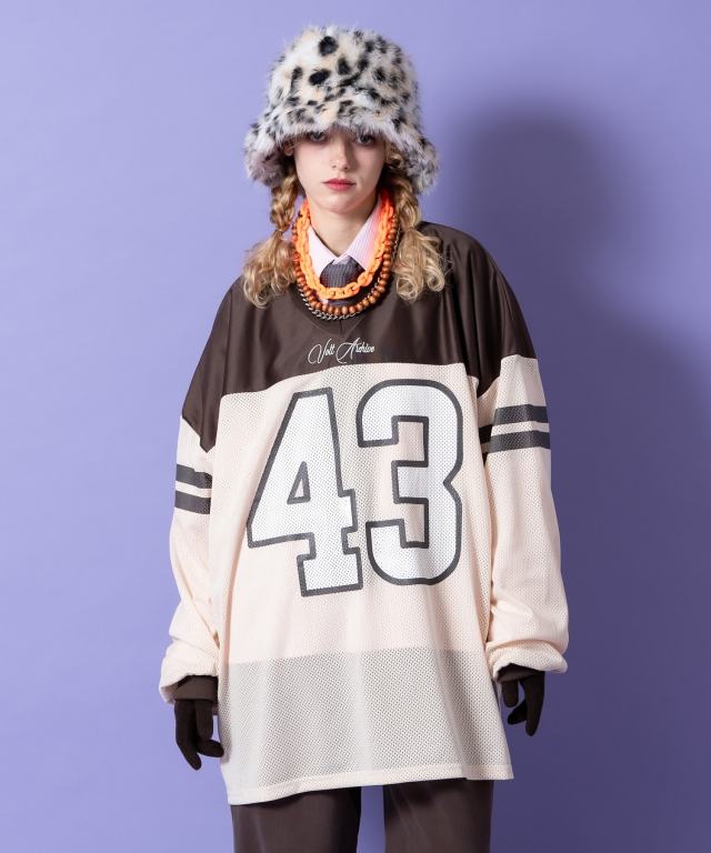 ナンバリング＆ロゴ刺繍ラインアームメッシュコンビゲームジャージ