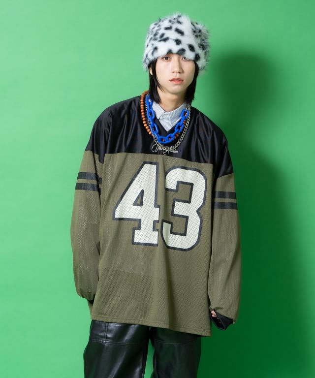 ナンバリング＆ロゴ刺繍ラインアームメッシュコンビゲームジャージ