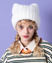 an meets zakka 猫耳ワイドリブ肉厚ファー混ニット帽