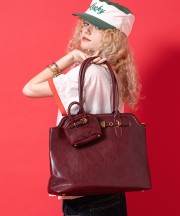 an meets zakka レトロアンティークスタイル合成皮革ミニポーチ付きビッグハンドバッグ