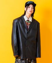 a.p.o.v. オーバーサイズ合成皮革３つボタンテーラードジャケット/ブラック