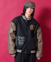 a.p.o.v. チェーンステッチ刺繍サガラワッペンウール＆合成皮革切替キルティング中綿オーバーサイズスタジャン/ブラック
