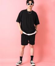 a.p.o.v.  フェイクレイヤーTシャツ＆ショートパンツセットアップ/ブラック