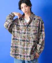 a.p.o.v.  ケミカルブリーチチェックオーバーサイズネルシャツ/カーキ