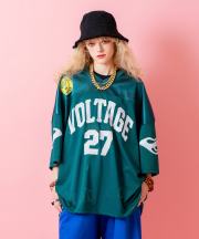 a.p.o.v.  ストリートロゴプリントシャイニーコンビメッシュオーバーサイズフットボールシャツ/グリーン