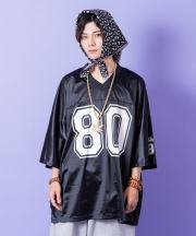 a.p.o.v.  ビッグナンバリングシャイニーポリオーバーサイズフットボールシャツ/ブラック