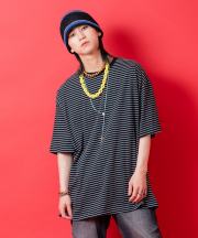 a.p.o.v.  ピンボーダーコットンオーバーサイズTシャツ/ブラック