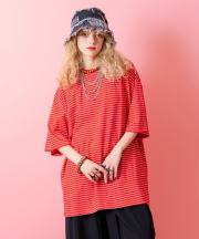 a.p.o.v.  ピンボーダーコットンオーバーサイズTシャツ/レッド