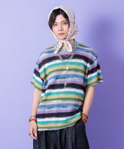 a.p.o.v.  レトロマルチボーダーメッシュ編みニットTシャツ/ブラック