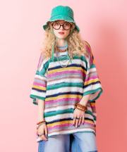 a.p.o.v.  レトロマルチボーダーメッシュ編みニットTシャツ/ピンク