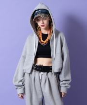 a.p.o.v. ダブルジップアップスウェットオーバーサイズクロップドパーカー/グレー