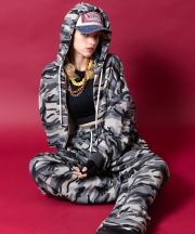 a.p.o.v. カモフラスウェットオーバーサイズクロップド丈ZIPパーカー/ブラック