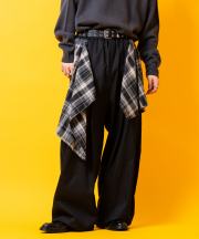 a.p.o.v. 変形チェック柄シャツスカートレイヤー２タックコットンスーパーワイドパンツ/ブラック