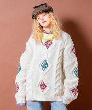 a.p.o.v. ネイティブライクダイヤ柄ミックスケーブル肉厚アクリルニットオーバーサイズセーター/アイボリー