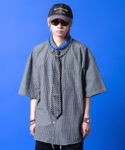 a.p.o.v. オーバーサイズシアサッカーマルチストライプ半袖シャツ/ブラック