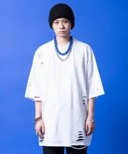 a.p.o.v. クラッシュ＆ダメージコットンオーバーサイズTシャツ/ホワイト
