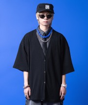 a.p.o.v. オーバーサイズアシンメトリーリブジャージー半袖カーディガン/ブラック
