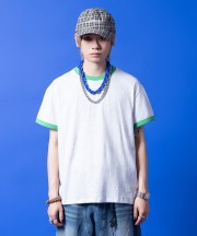 a.p.o.v. 短丈ルーズ霜降りコットンリンガーTシャツ/グリーン