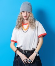 a.p.o.v. 短丈ルーズ霜降りコットンリンガーTシャツ/レッド