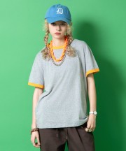 a.p.o.v. 短丈ルーズ霜降りコットンリンガーTシャツ/オレンジ