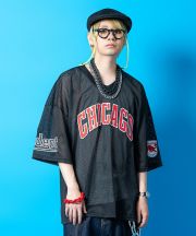 a.p.o.v. CHICAGO刺繍バスケットボールスタイルワッペンオーバーサイズメッシュゲームシャツ/ブラック
