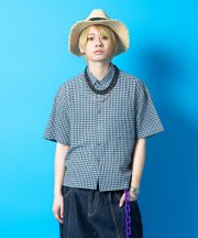 a.p.o.v. クロップド丈オーバーサイズコットンガーゼレトロギンガムチェックシャツ/ネイビー