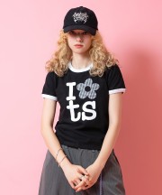 a.p.o.v. クロップド丈ギンガムチェック柄フラワーワッペンY2KプリントリンガーTシャツ(レディース)/ブラック