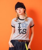 a.p.o.v. クロップド丈ギンガムチェック柄フラワーワッペンY2KプリントリンガーTシャツ(レディース)/グレー