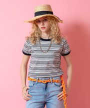 a.p.o.v. クロップド丈Y2KマルチボーダーリンガーTシャツ(レディース)/ネイビー