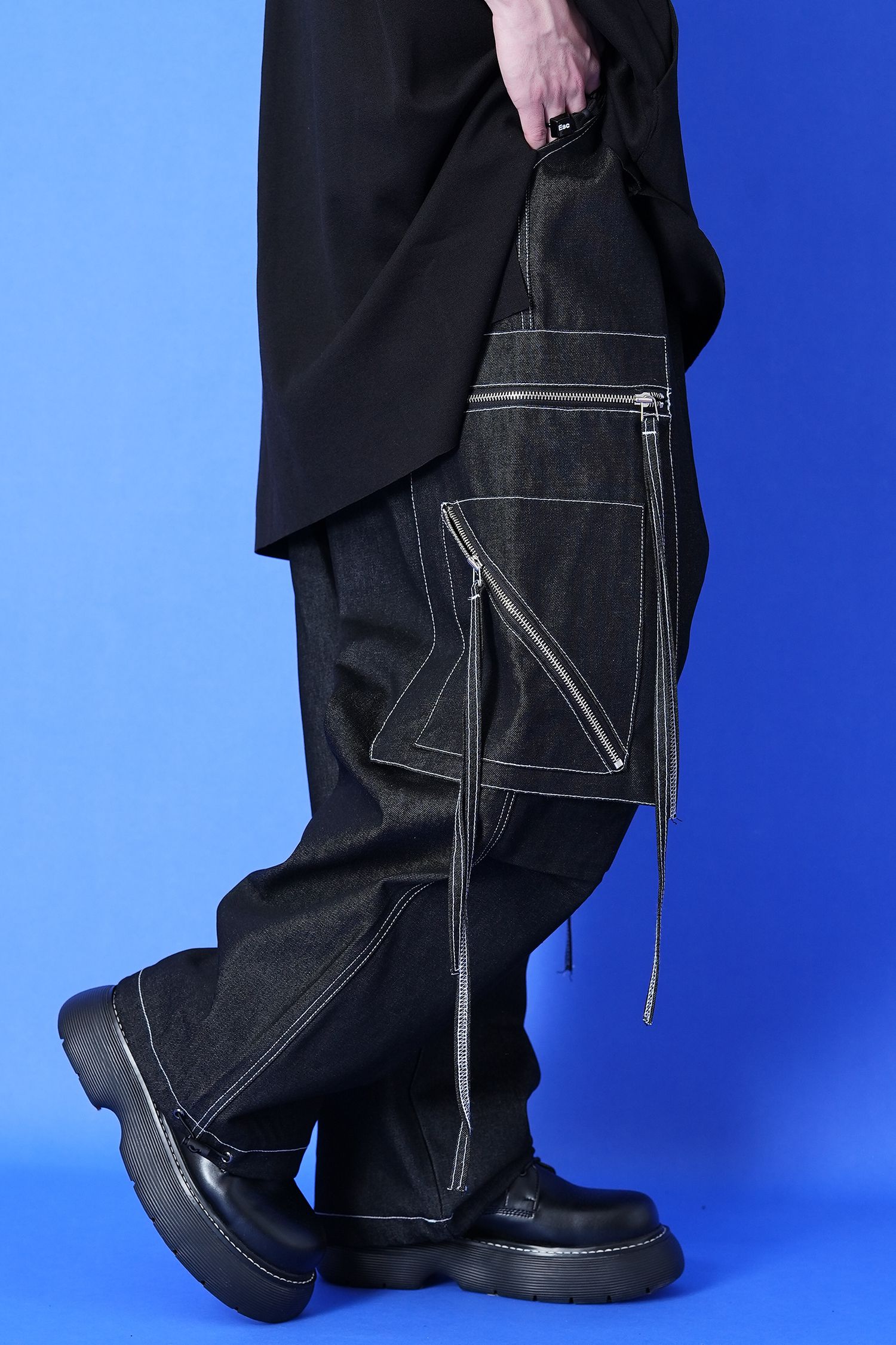 y2k ドローコードレザーコートデニムワックスパンツ 黒 メンズブラックワックスレザーステーク,バギー,特大ストレートデニム