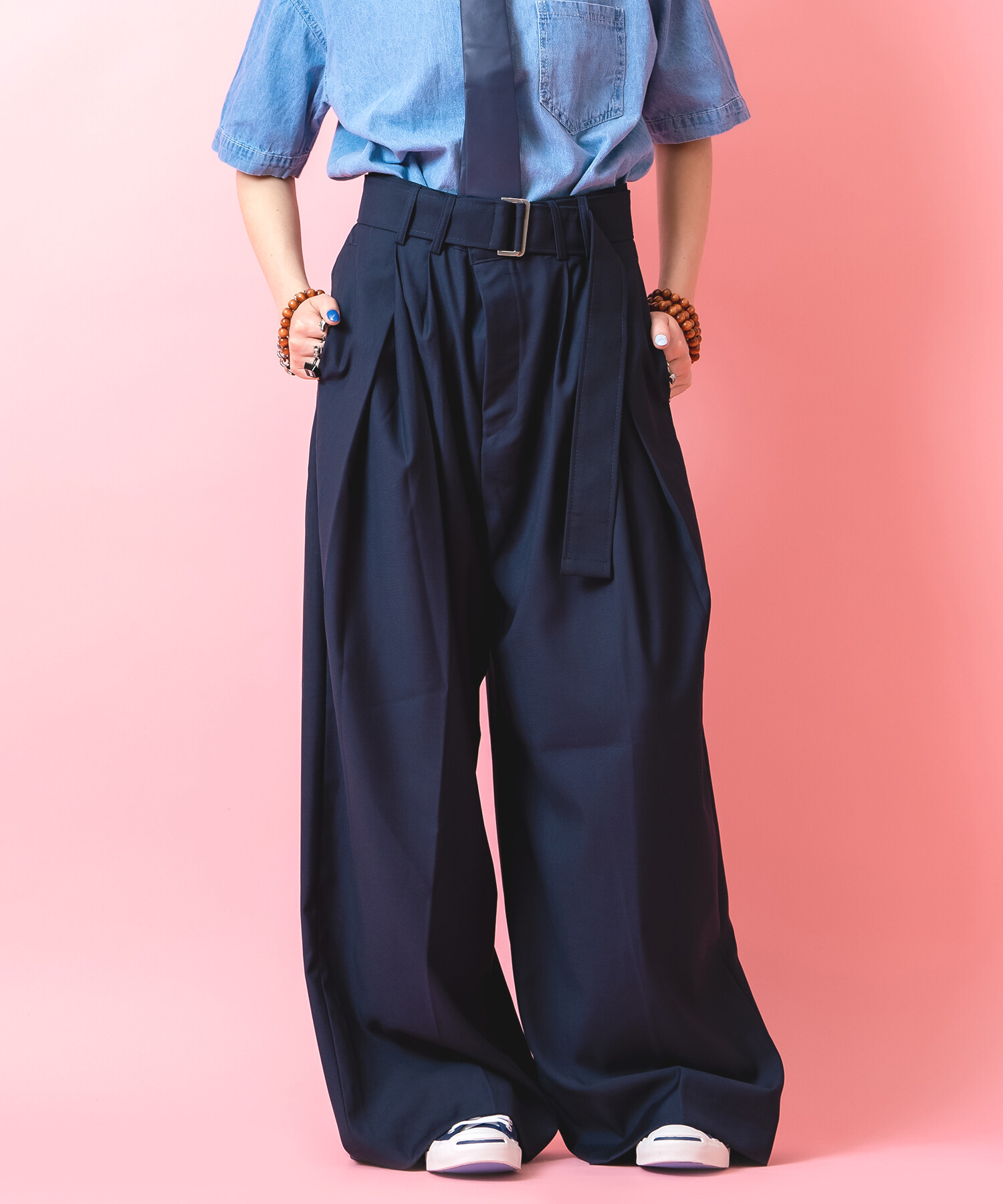 【在庫処分】 ロングベルトダブルタックドレープワイドパンツ / スラックス 小物