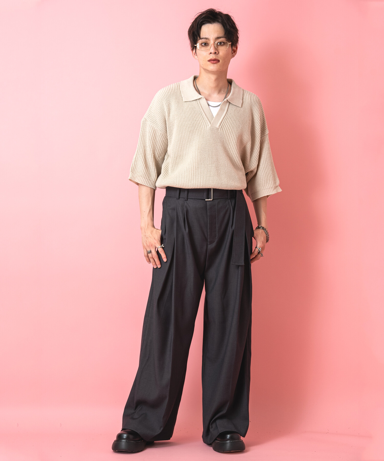 ロングベルトダブルタックドレープワイドパンツ / スラックス