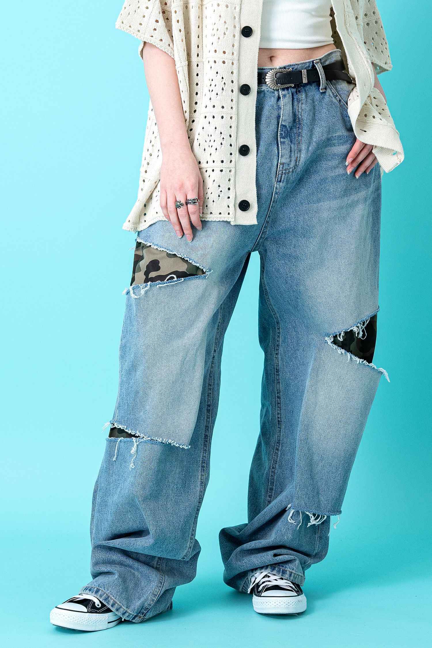 迷彩レイヤードダメージデニムパンツ / ビンテージウォッシュ  