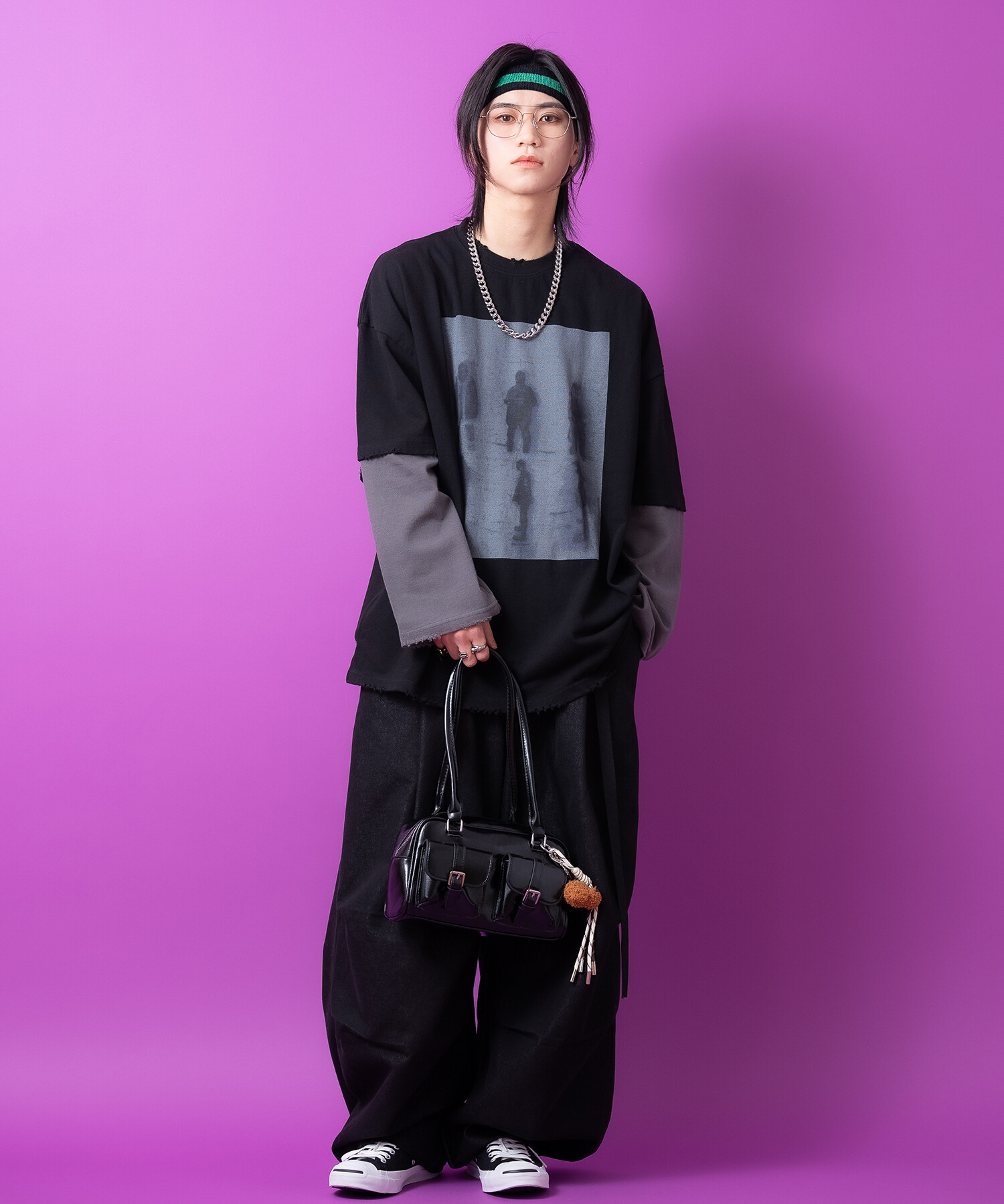 ロングベルトタック変形バレルレッグワイドデニムパンツ