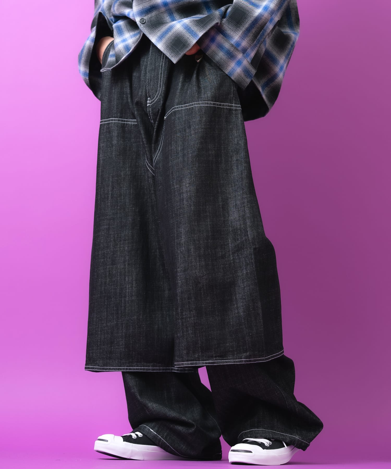 a.p.o.v. -ankoROCK's select- フェイクレイヤードダブルニースーパーワイドデニムパンツ