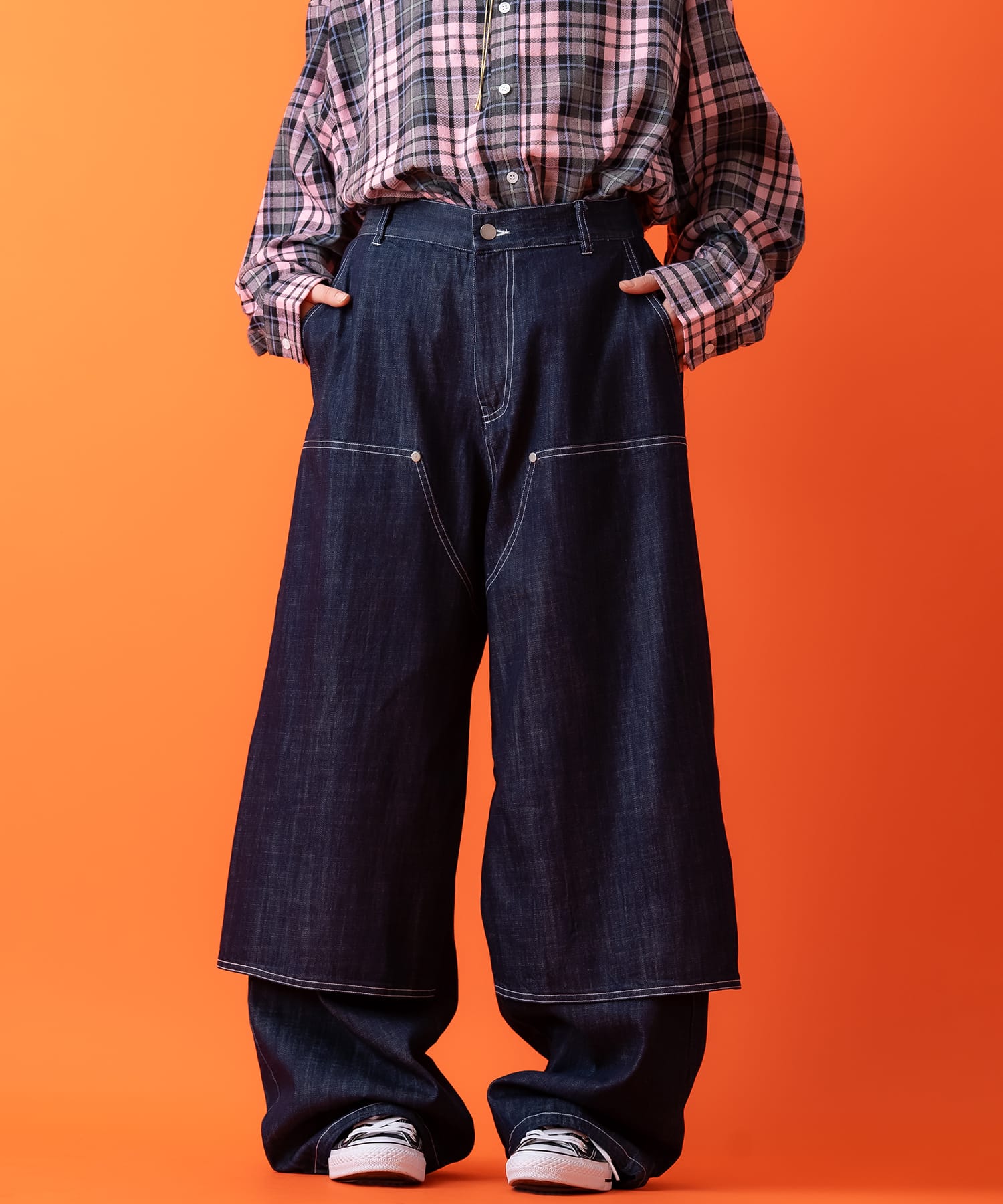 フェイクレイヤードダブルニースーパーワイドデニムパンツ