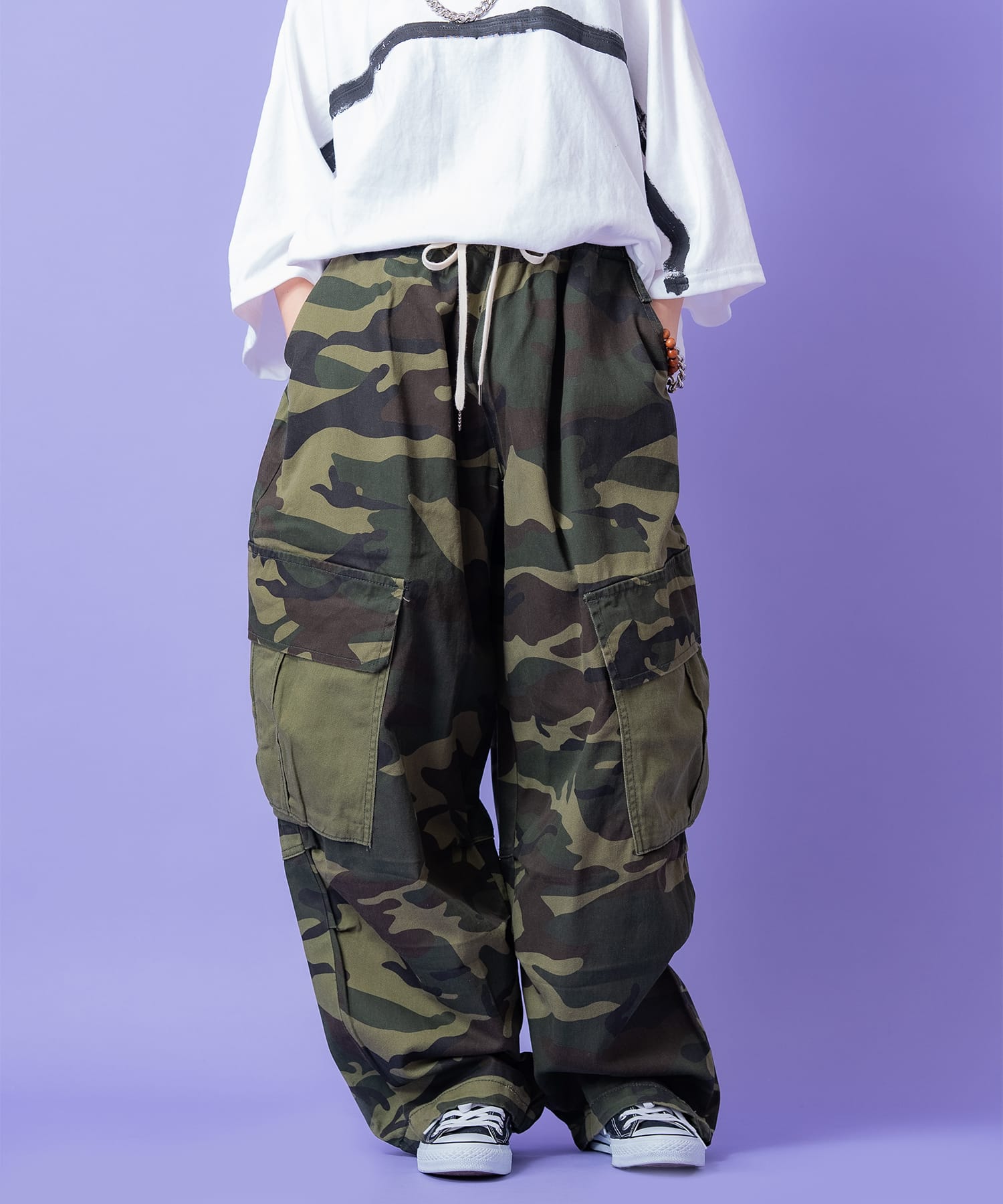 カラーブロック切替サイドポケットカモフラコットンワイドカーゴパンツ カラーブロック切替サイドポケットカモフラコットンワイドカーゴパンツ