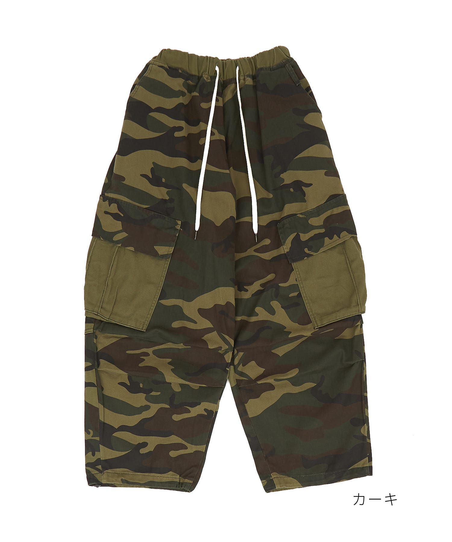 カラーブロック切替サイドポケットカモフラコットンワイドカーゴパンツ