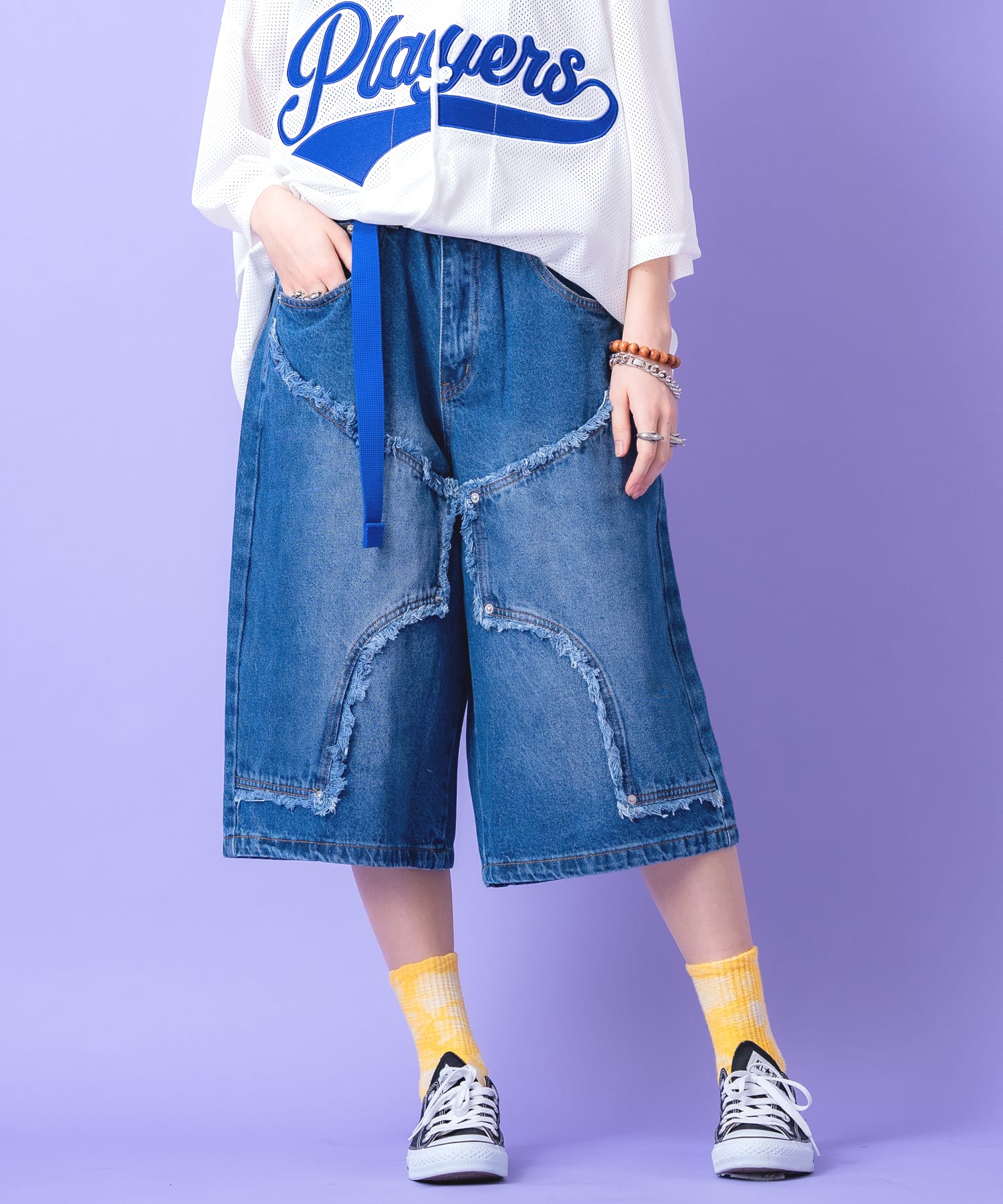 クラッシュフリンジ変形ダブルニーワイドデニムハーフパンツ / メンズ 