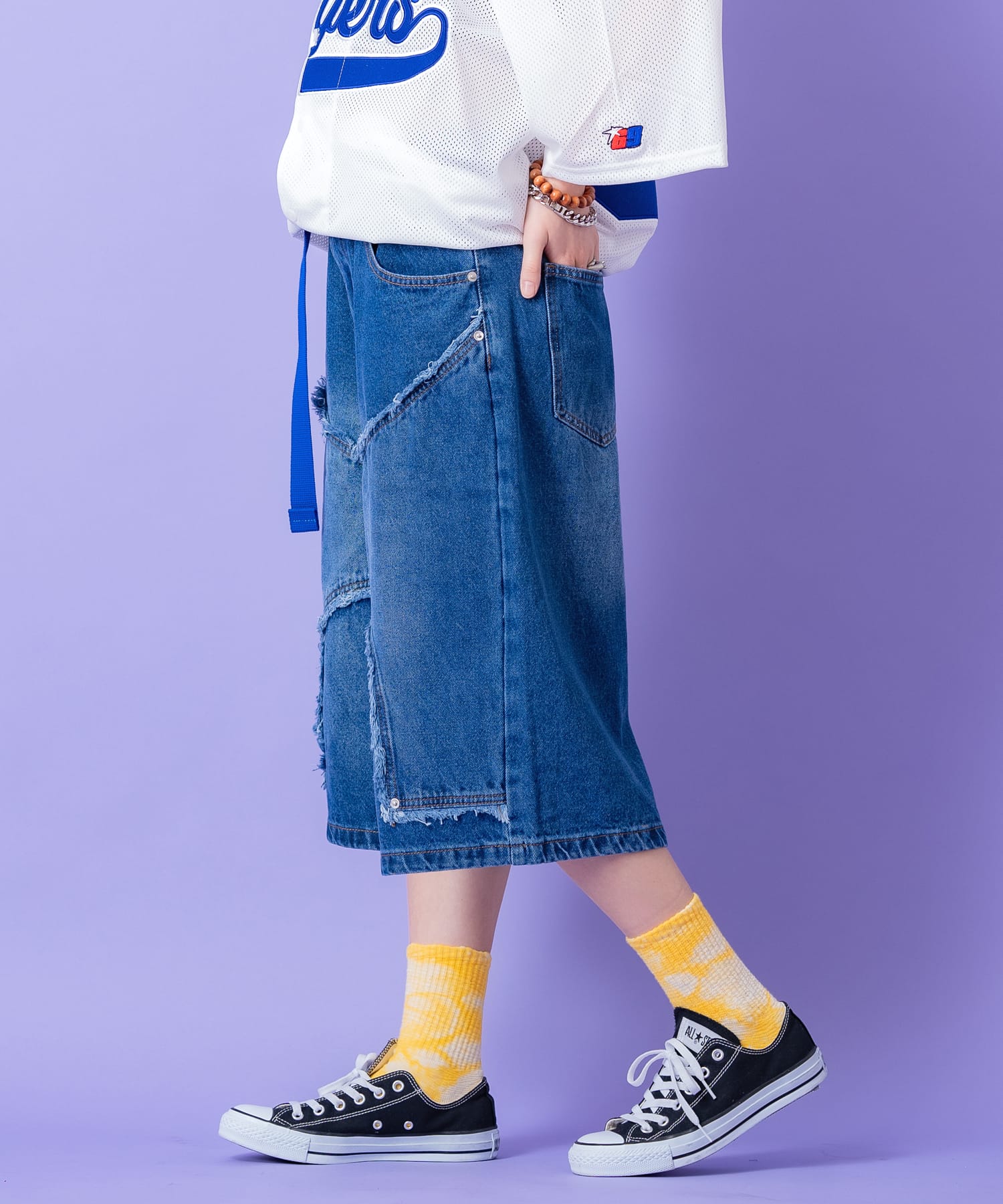 クラッシュフリンジ変形ダブルニーワイドデニムハーフパンツ / メンズ 