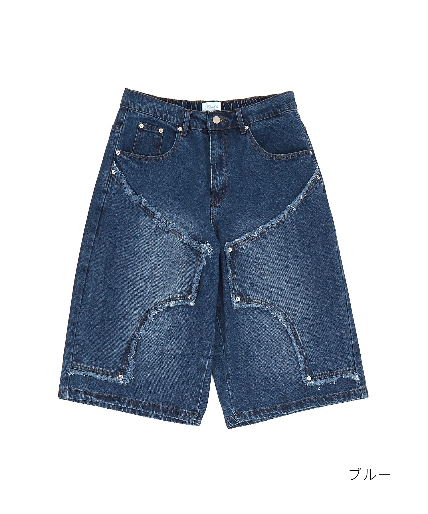 クラッシュフリンジ変形ダブルニーワイドデニムハーフパンツ / メンズ