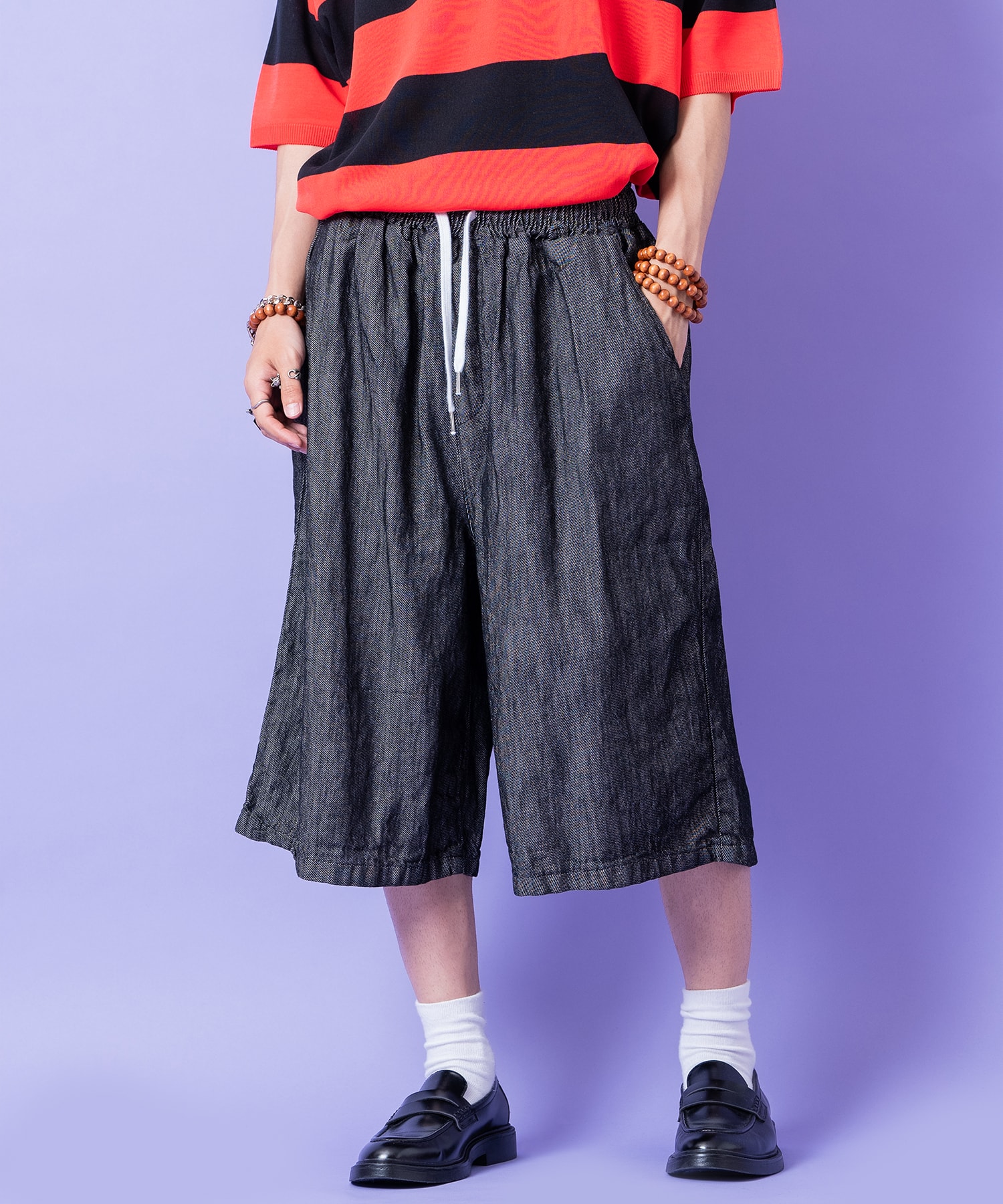 無加工デニムワイドハーフパンツ / メンズ レディース ユニセックス