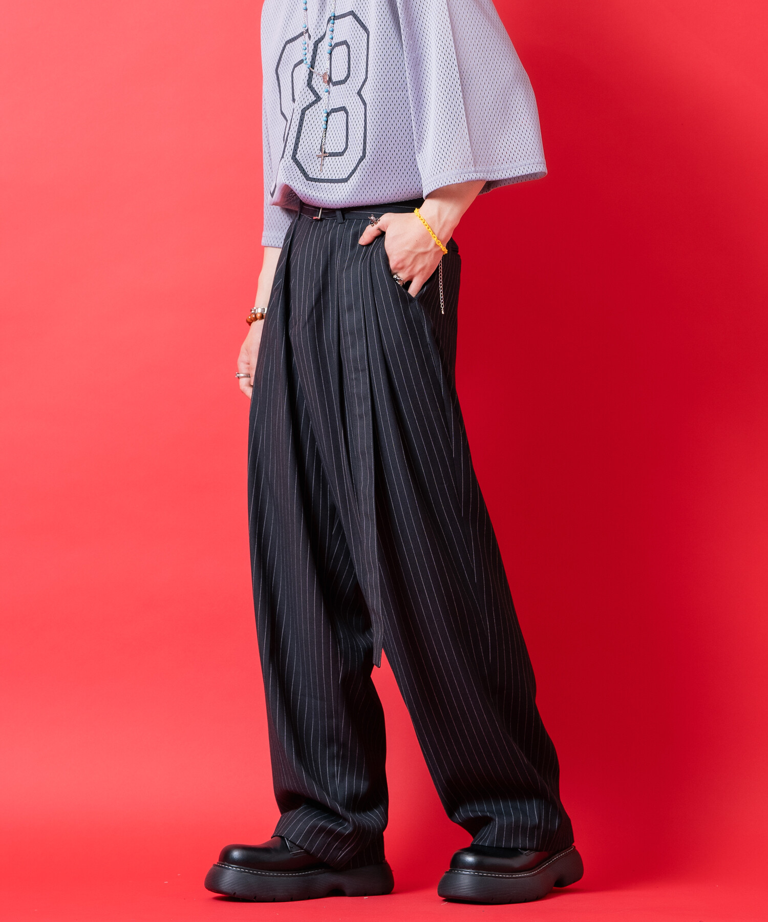 ピンストライプTRスーツロングベルト2タックワイドスラックス