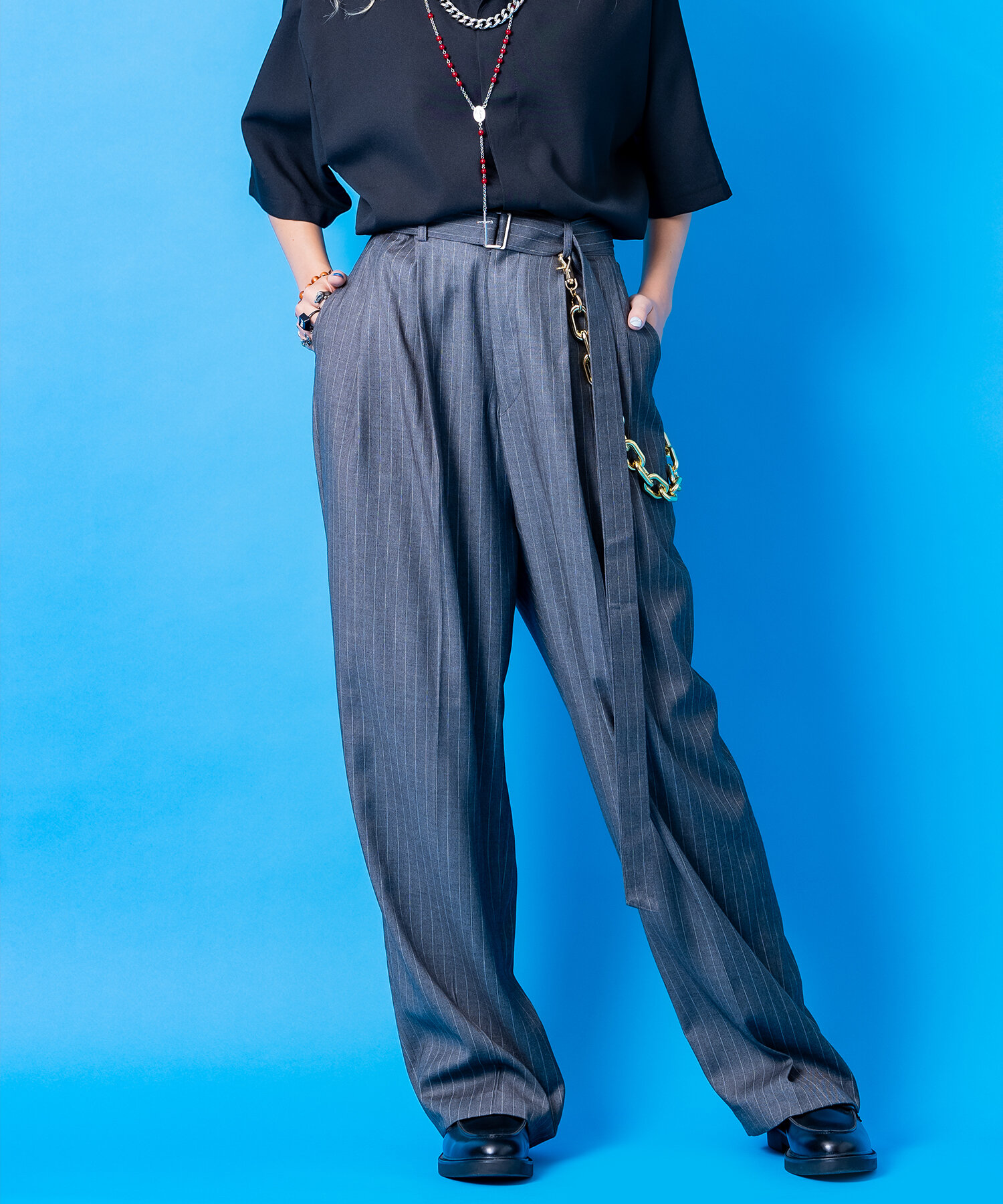 ピンストライプTRスーツロングベルト2タックワイドスラックス