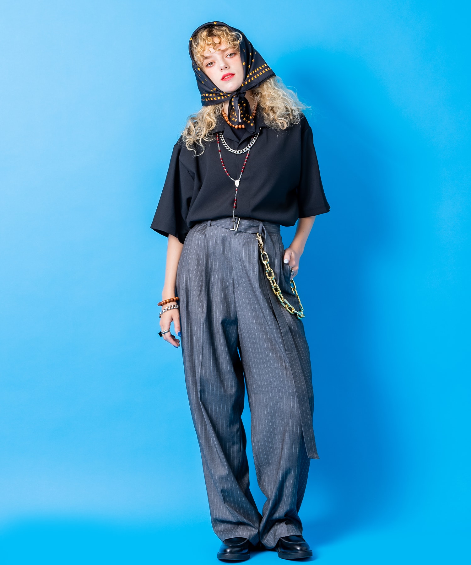 ピンストライプTRスーツロングベルト2タックワイドスラックス