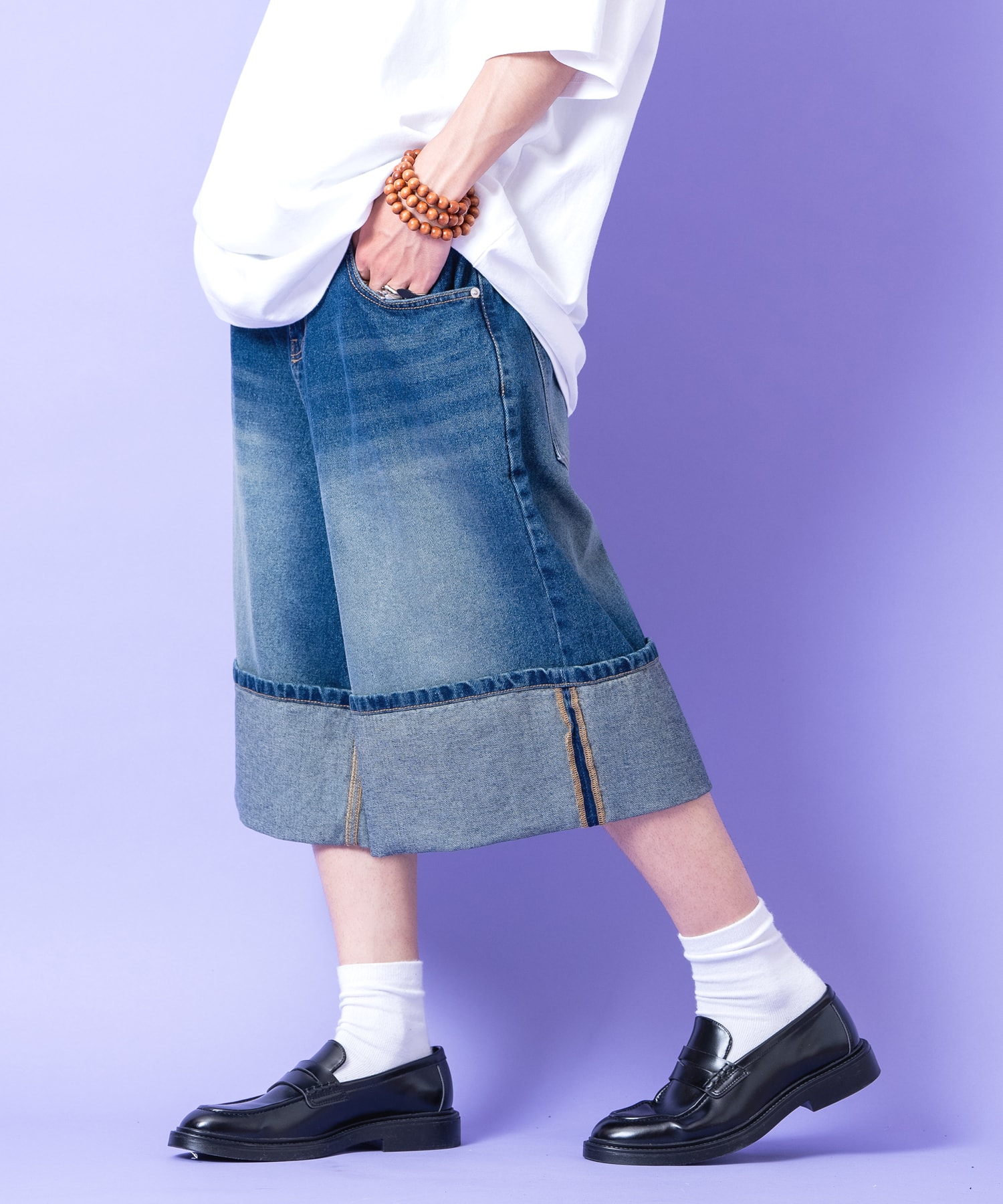 ロールアップウォッシュドデニムバギーハーフパンツ / メンズ 