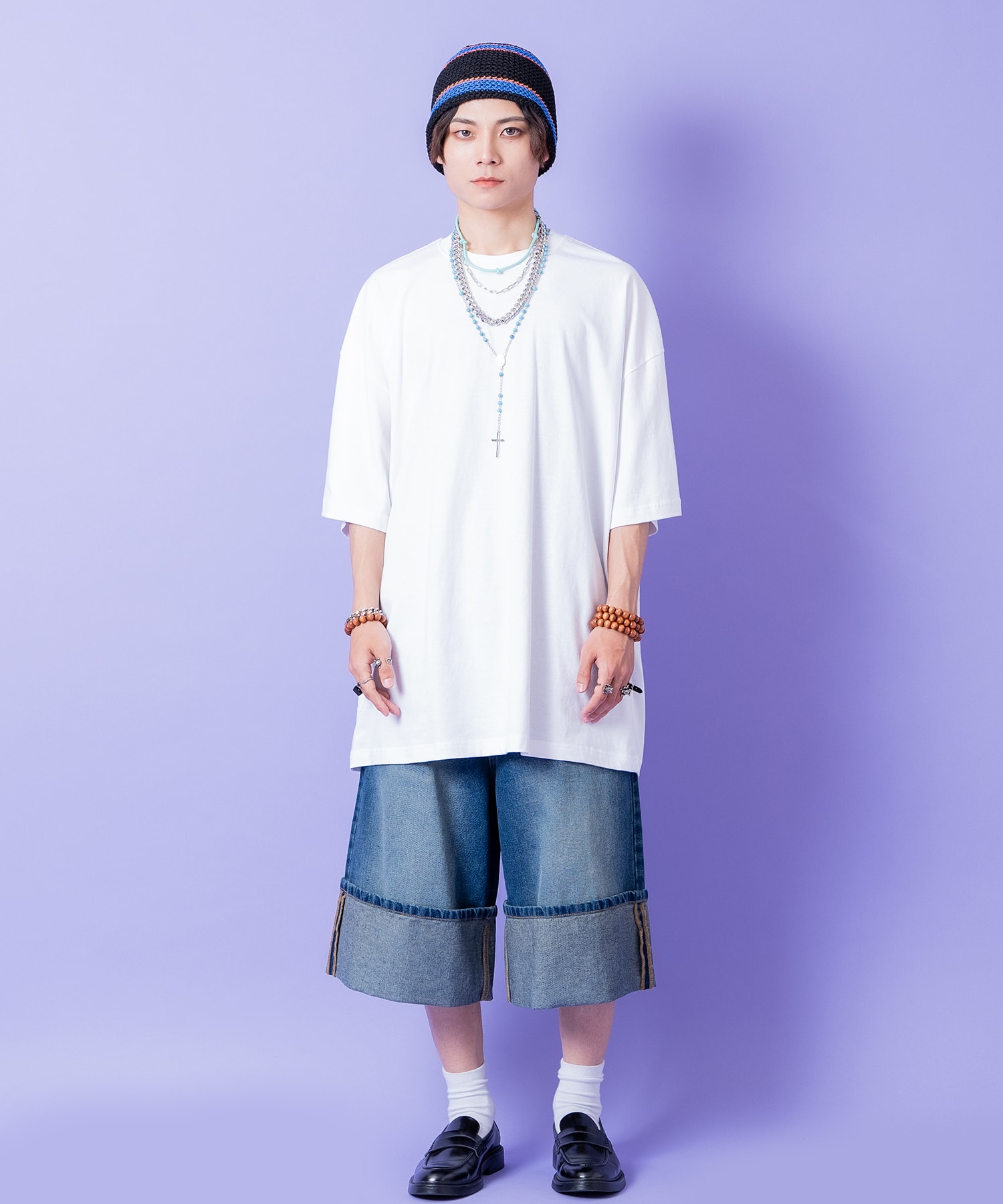 ロールアップウォッシュドデニムバギーハーフパンツ / メンズ