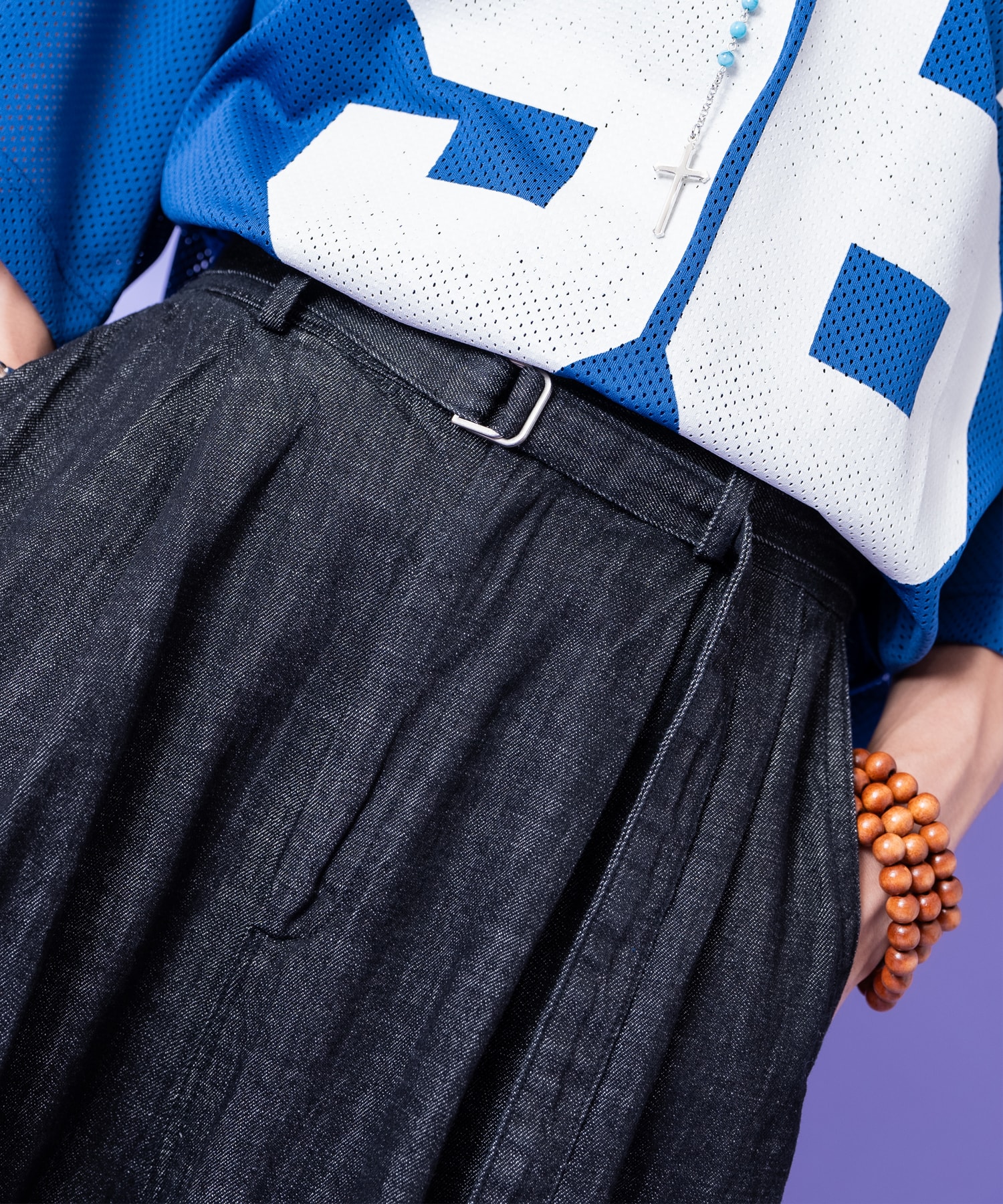 ダークブルーデニムパンツ ウエストゴム ベルト付き 予約]ハイウエストベルトループデザインデニムパンツ/blue – Lumier